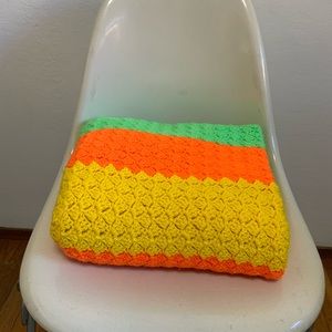 Vintage 70’s Green Orange Yellow Neon crochet Knit Blanket